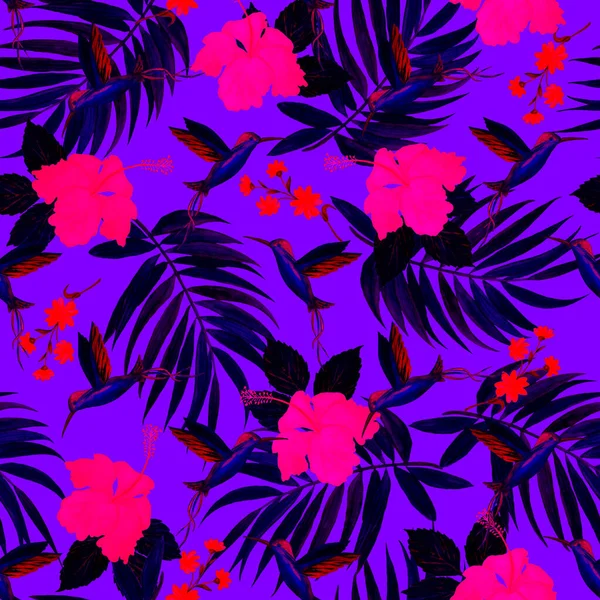 Trópusi Zökkenőmentes Minta Akvarelllevelekkel Nibiszkusz Virágokkal Kolibrikkel Egzotikus Nyári Nyomtatás — Stock Fotó