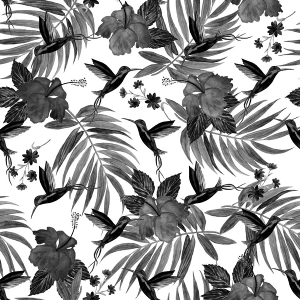 Tropical seamless pattern with watercolor palm leaves, nibiscus flowers and hummingbirds. Exotic summer print. Colorful hand drawn illustration.