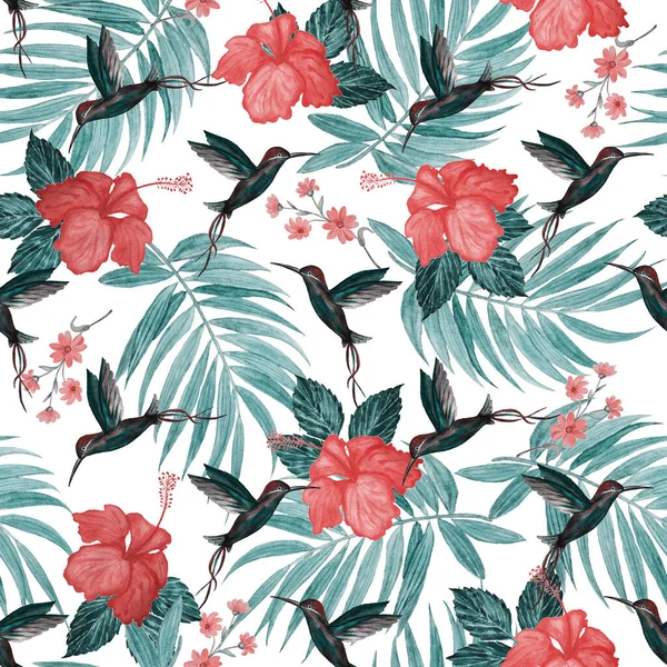 Tropical seamless pattern with watercolor palm leaves, nibiscus flowers and hummingbirds. Exotic summer print. Colorful hand drawn illustration.