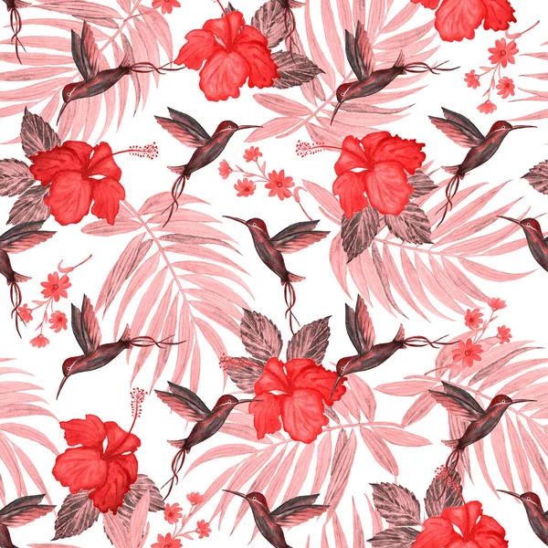 Tropisch Naadloos Patroon Met Aquarelpalmbladeren Nibiscus Bloemen Kolibries Exotische Zomerprint — Stockfoto