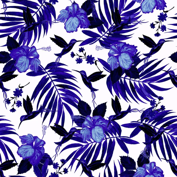 Tropical seamless pattern with watercolor palm leaves, nibiscus flowers and hummingbirds. Exotic summer print. Colorful hand drawn illustration.