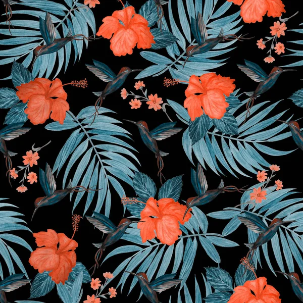 水彩ヤシの葉 ニビスカスの花やハチドリと熱帯シームレスなパターン エキゾチックな夏のプリント カラフルな手描きイラスト — ストック写真