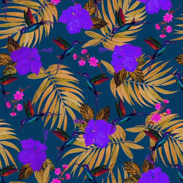 Tropikalny Bezszwowy Wzór Akwarelowymi Liśćmi Palmowymi Kwiatami Nibiskusa Kolibrami Egzotyczny — Zdjęcie stockowe