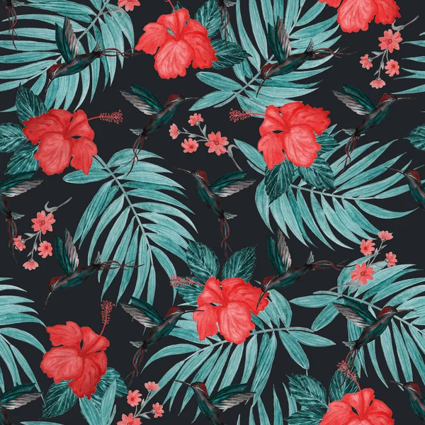Tropisches Nahtloses Muster Mit Aquarell Palmblättern Nibiskusblüten Und Kolibris Exotischer — Stockfoto