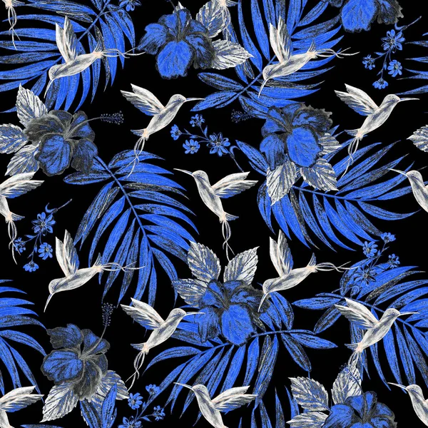 Tropical Seamless Pattern Watercolor Palm Leaves Nibiscus Flowers Hummingbirds Exotic — Stock Photo, Image