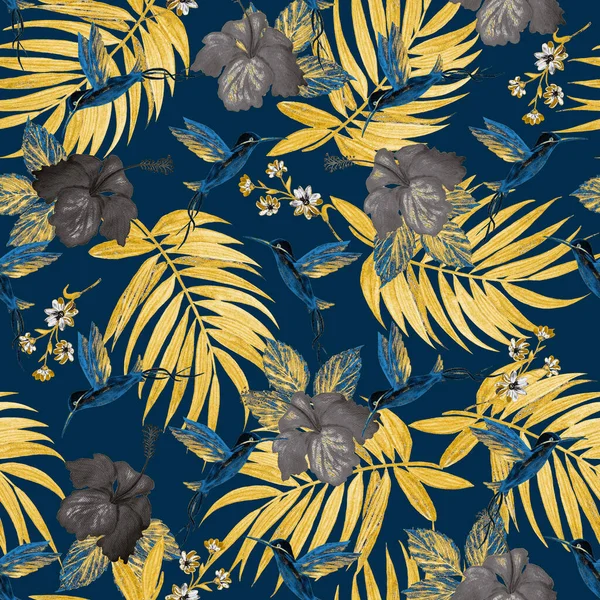 Motif Tropical Sans Couture Avec Feuilles Palmier Aquarelle Fleurs Nibiscus — Photo