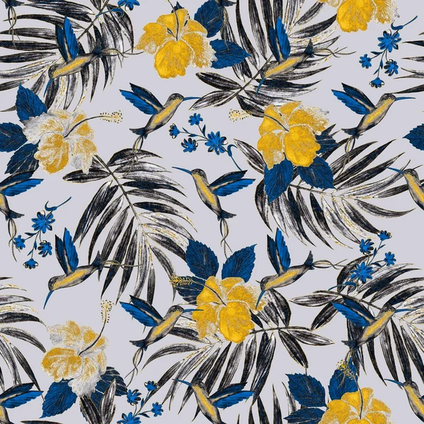 Tropical seamless pattern with watercolor palm leaves, nibiscus flowers and hummingbirds. Exotic summer print. Colorful hand drawn illustration.