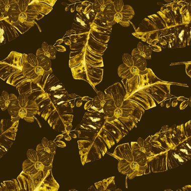 Hawaii dikişsiz tropik yapraklar ve çiçeklerle suluboya tek renkli desen. Egzotik Orkide çiçekleri. Tropik yaz çiçekleri..