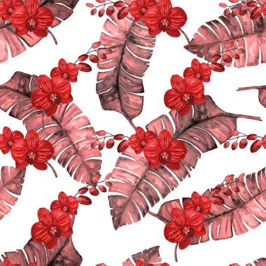 Hawaii 'de tropik yapraklar ve çiçeklerle sulu boya desenleri var. Egzotik Orkide çiçekleri. Tropik yaz çiçekleri..