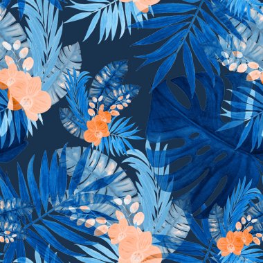 Süssüz desenli suluboya tropikal yapraklar ve orkide çiçekleri. Renkli el çizimi çizimi. Hawaii yaz egzotik baskısı.