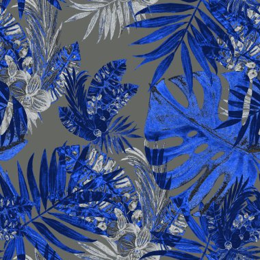 Süssüz desenli suluboya tropikal yapraklar ve orkide çiçekleri. Renkli el çizimi çizimi. Hawaii yaz egzotik baskısı.