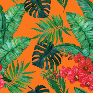 Süssüz desenli suluboya tropikal yapraklar ve orkide çiçekleri. Renkli el çizimi çizimi. Hawaii yaz egzotik baskısı.