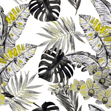 Süssüz altın desenli suluboya tropikal yapraklar ve orkide çiçekleri. Renkli el çizimi çizimi. Hawaii yaz egzotik baskısı.