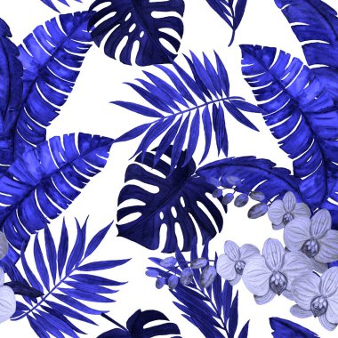Soyut dekoratif, dikişsiz, suluboya tropikal yapraklı desen. Tek renkli el çizimi illüstrasyon. Hawaii yaz egzotik baskısı.