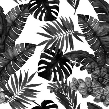 Soyut dekoratif, dikişsiz, suluboya tropikal yapraklı desen. Tek renkli el çizimi illüstrasyon. Hawaii yaz egzotik baskısı.