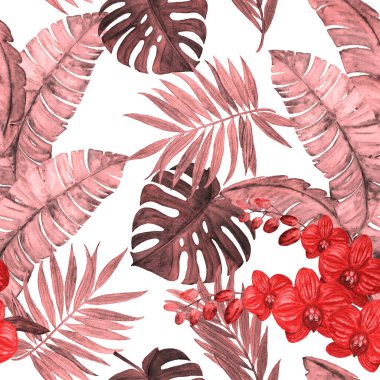 Süssüz desenli suluboya tropikal yapraklar ve orkide çiçekleri. Renkli el çizimi çizimi. Hawaii yaz egzotik baskısı.