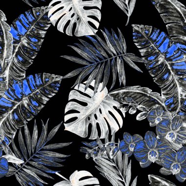 Sulu tropikal yaprakları ve siyah üzerine orkide çiçekleri olan soyut dekoratif dikişsiz desen. Renkli el çizimi çizimi. Hawaii yaz egzotik baskısı.