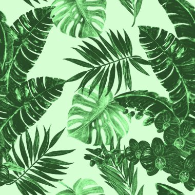 Soyut dekoratif, dikişsiz, suluboya tropikal yapraklı desen. Tek renkli el çizimi illüstrasyon. Hawaii yaz egzotik baskısı.