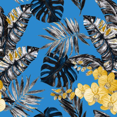 Süssüz altın desenli suluboya tropikal yapraklar ve orkide çiçekleri. Renkli el çizimi çizimi. Hawaii yaz egzotik baskısı.