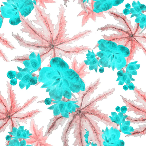 夏威夷的无缝图案 水彩斑斓的热带树叶和花朵 异国兰花 热带夏季花卉印刷 — 图库照片
