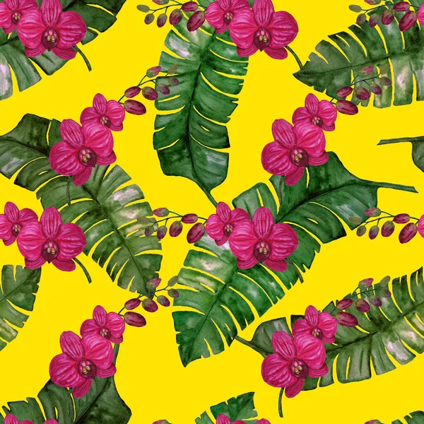 Гавайський Безшовний Візерунок Акварельними Тропічними Листками Квітами Квіти Екзотичних Орхідей — стокове фото