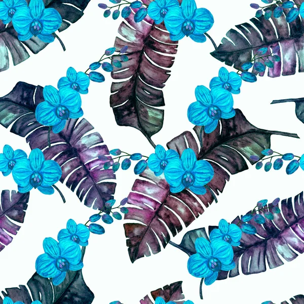 水彩の熱帯の葉や花とハワイのシームレスなパターン エキゾチックな蘭の花 夏の花 Print — ストック写真