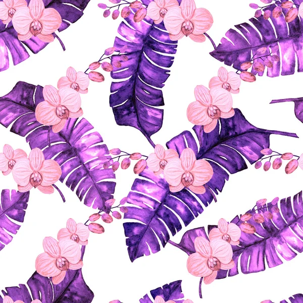 夏威夷无缝单色图案 水彩斑斓的热带叶和花 异国兰花 热带夏季花卉印刷 — 图库照片