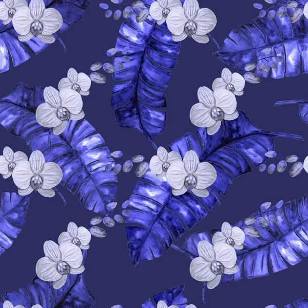 Hawaiian seamless monochrome pattern with watercolor tropical leaves and flowers. Exotic Orchid flowers. Tropical summer floral print.