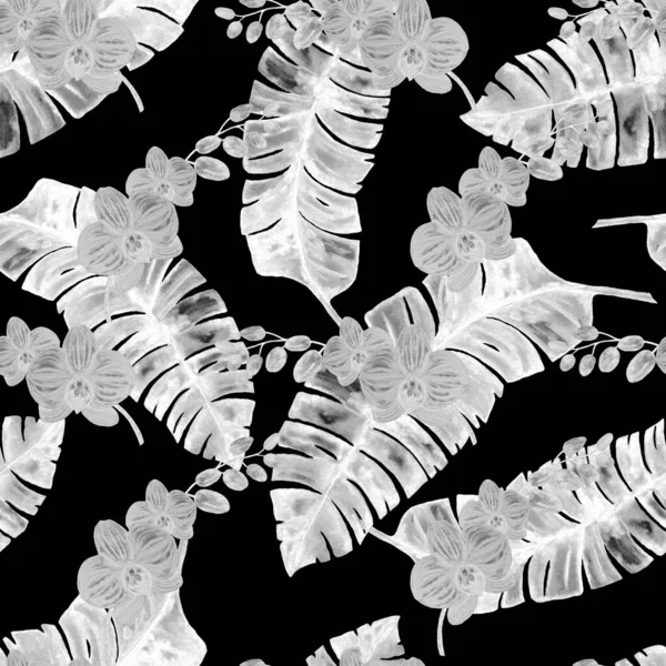 하와이의 솔기없는 단색의 무늬에 수채류의 이국적 꽃무늬 — 스톡 사진