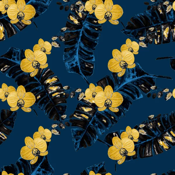 Hawaiianisches Goldenes Nahtloses Muster Mit Tropischen Blättern Und Blüten Wasserfarbe — Stockfoto