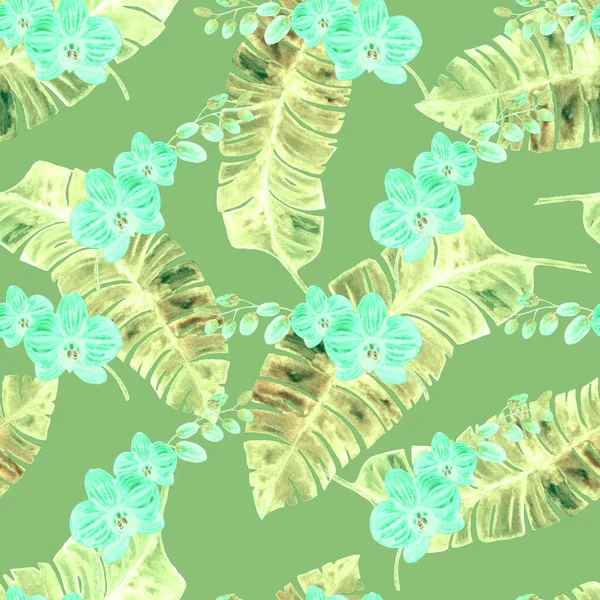 Hawaiian seamless pattern with watercolor tropical leaves and flowers. Exotic Orchid flowers. Tropical summer floral print.