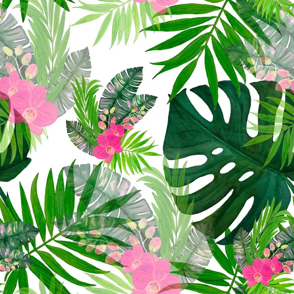 Dekorativa Sömlösa Mönster Med Akvarell Tropiska Blad Och Orkidé Blommor — Stockfoto