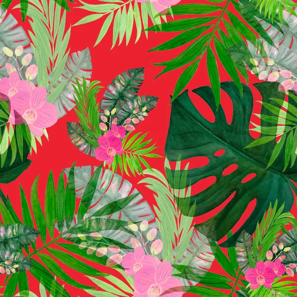 Decorative Seamless Pattern Watercolor Tropical Leaves Orchid Flowers Colorful Hand — Stock Photo, Image