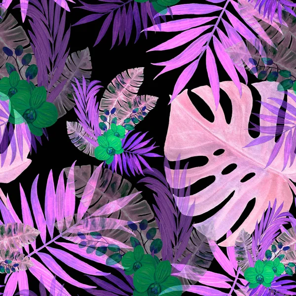 黒の上に水彩熱帯の葉や蘭の花と抽象装飾的なシームレスなパターン カラフルな手描きイラスト ハワイの夏 Print — ストック写真