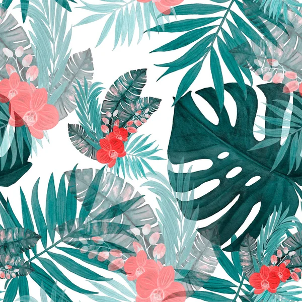 Decorative Seamless Pattern Watercolor Tropical Leaves Orchid Flowers Colorful Hand — Stock Photo, Image