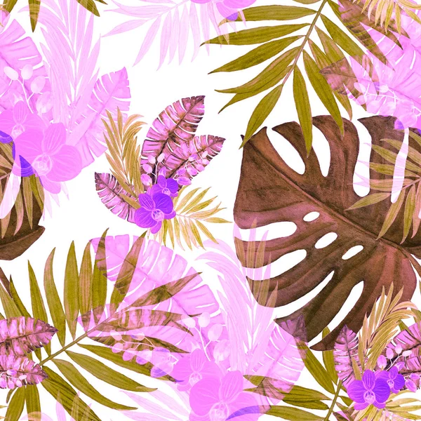 Decorative Seamless Pattern Watercolor Tropical Leaves Orchid Flowers Colorful Hand — Stock Photo, Image