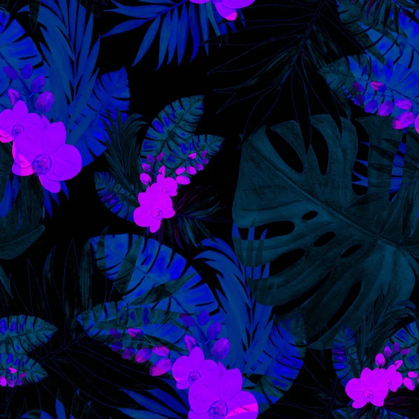 Sulu Tropikal Yaprakları Siyah Üzerine Orkide Çiçekleri Olan Soyut Dekoratif — Stok fotoğraf