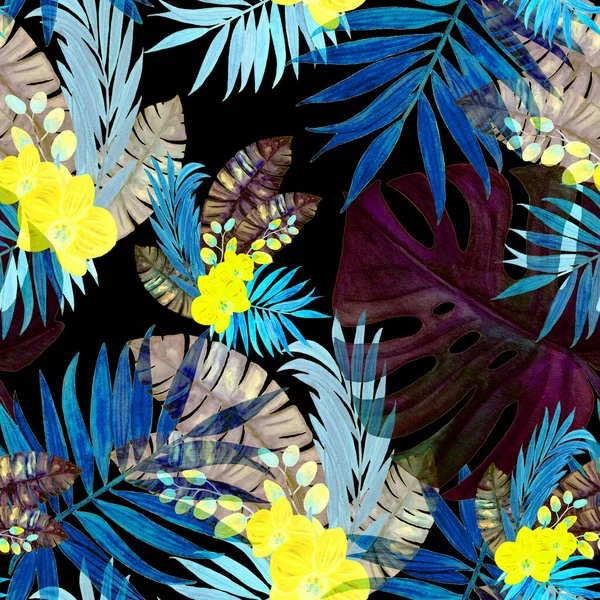 Abstract decorative seamless pattern with watercolor tropical leaves and orchid flowers on black. Colorful hand drawn illustration. Hawaiian summer exotic print.