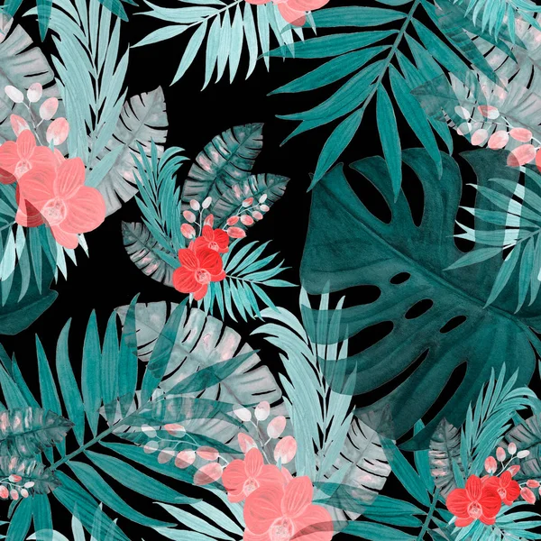 Абстрактный Декоративный Бесшовный Узор Акварелью Тропических Листьев Орхидеей Цветов Черном — стоковое фото