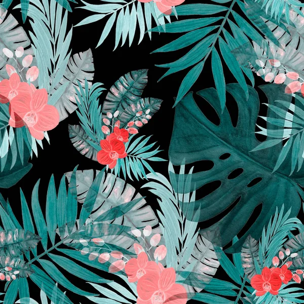 Modello Astratto Decorativo Senza Cuciture Con Foglie Tropicali Acquerello Fiori — Foto Stock