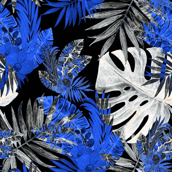 Dekoratív Zökkenőmentes Minta Akvarell Trópusi Levelekkel Orchidea Virágokkal Színes Kézzel — Stock Fotó