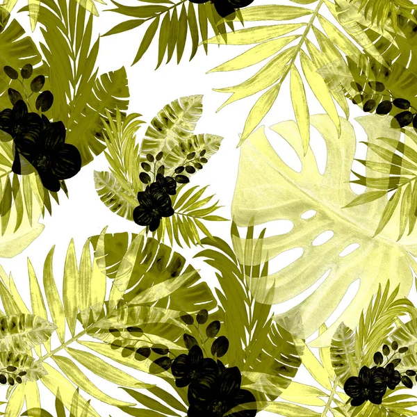 Abstract decorative seamless pattern with watercolor tropical leaves. Monochrome hand drawn illustration. Hawaiian summer exotic print.