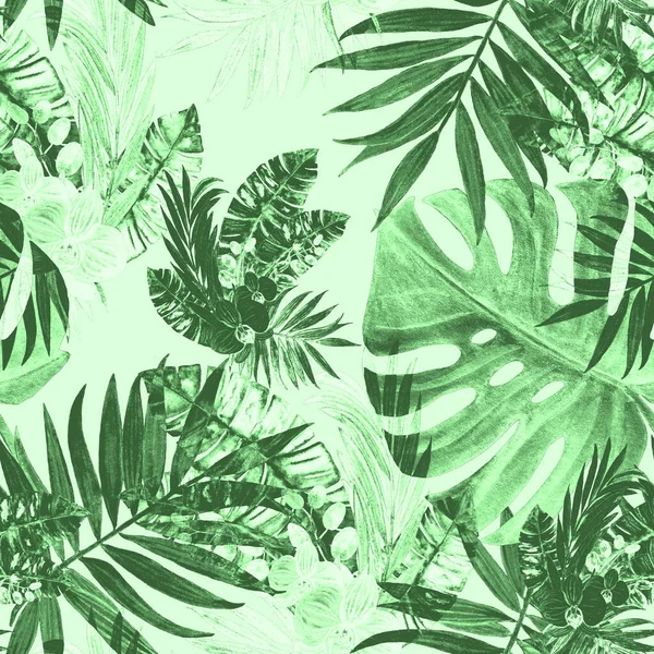 Abstract Decorative Seamless Pattern Watercolor Tropical Leaves Monochrome Hand Drawn — Stock Photo, Image
