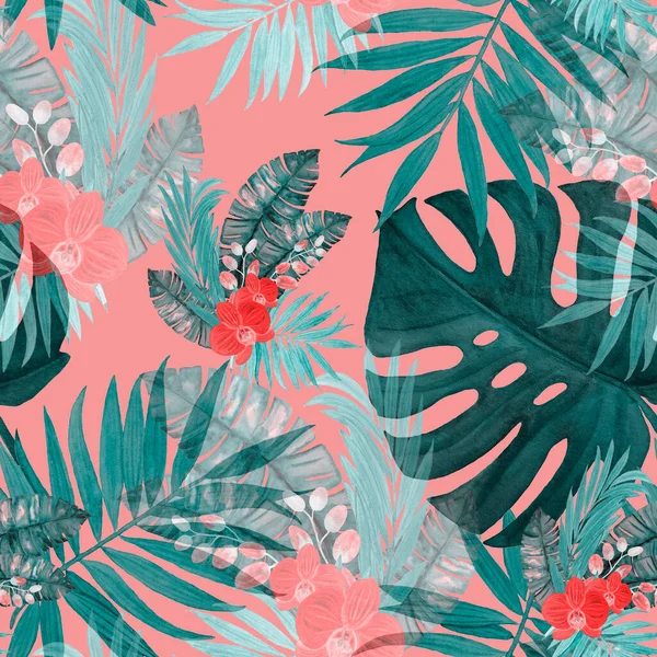 装饰无缝图案 水彩斑斓的热带树叶和兰花 色彩艳丽的手绘插图 夏威夷夏季异国情调印刷品 — 图库照片