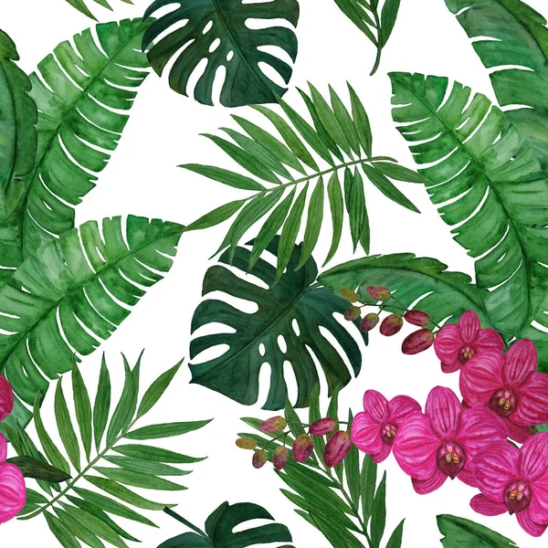 Decoratieve Naadloze Patroon Met Aquarel Tropische Bladeren Orchidee Bloemen Kleurrijke — Stockfoto