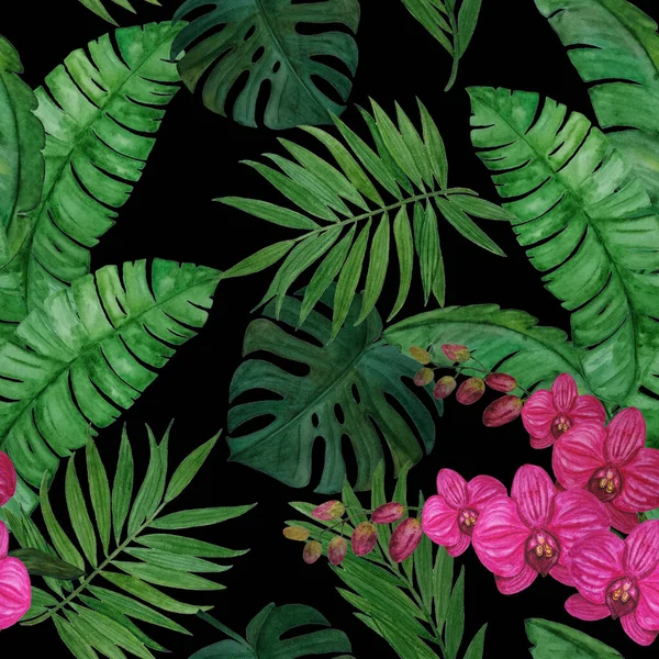 摘要用水彩斑斓的热带树叶和兰花在黑色上装饰无缝图案 色彩艳丽的手绘插图 夏威夷夏季异国情调印刷品 — 图库照片