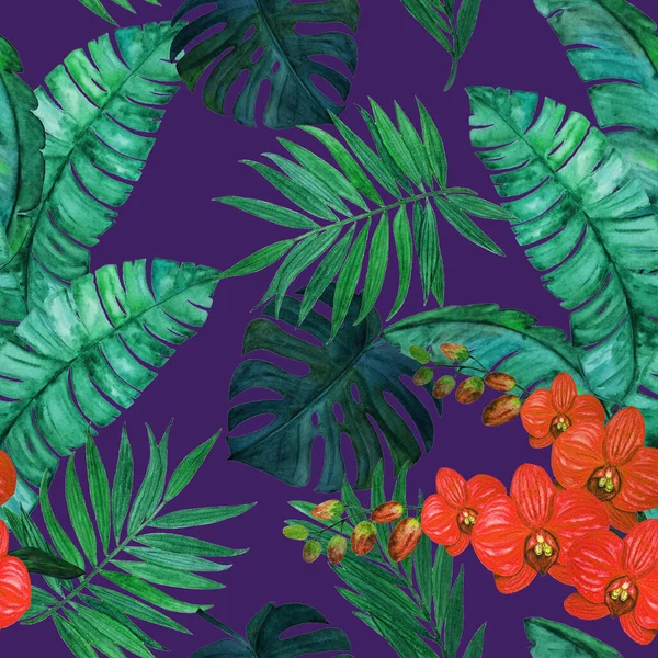 Decoratieve Naadloze Patroon Met Aquarel Tropische Bladeren Orchidee Bloemen Kleurrijke — Stockfoto