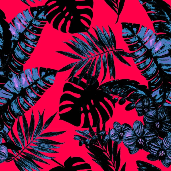 Декоративный Безпечатный Узор Акварельными Листьями Орхидеями Красочная Ручная Иллюстрация Гавайская — стоковое фото