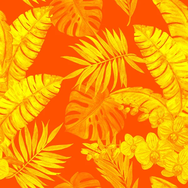 装饰无缝的金黄色图案 水彩斑斓的热带树叶和兰花 色彩艳丽的手绘插图 夏威夷夏季异国情调印刷品 — 图库照片