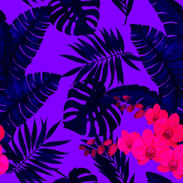 Decorative Seamless Pattern Watercolor Tropical Leaves Orchid Flowers Colorful Hand — Stock Photo, Image